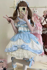 Blue Cream Multi-Layered Polka Dots Print Ruffle Bowknot Sweet Lolita Jsk Dress